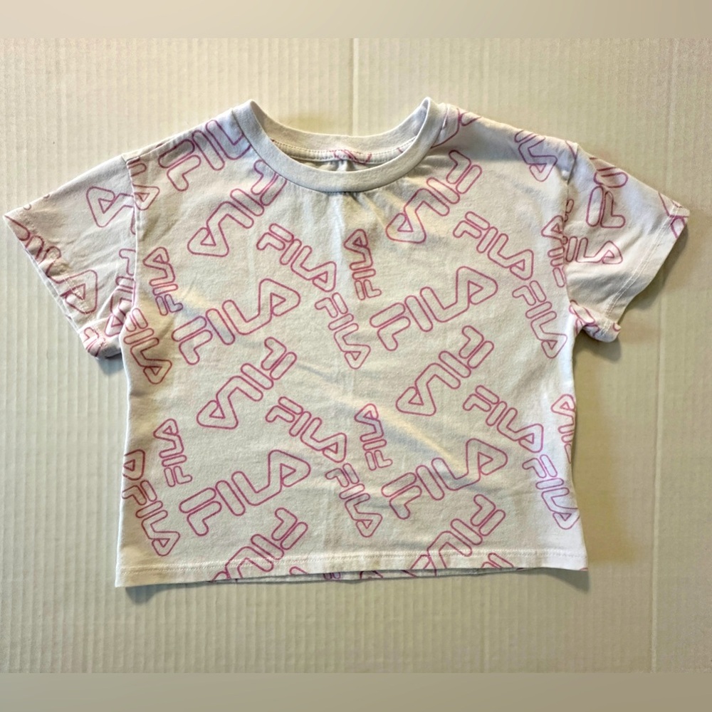 Last chance! FILA crop shirt, Small 7/8 girl, white/pink printed logo all over